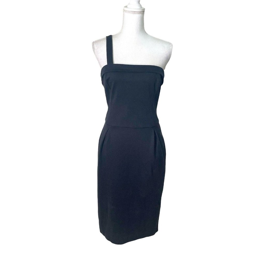 French Connection Sz 6 One Shoulder Mini Dress Black Knit Pleats Cuffed Bust